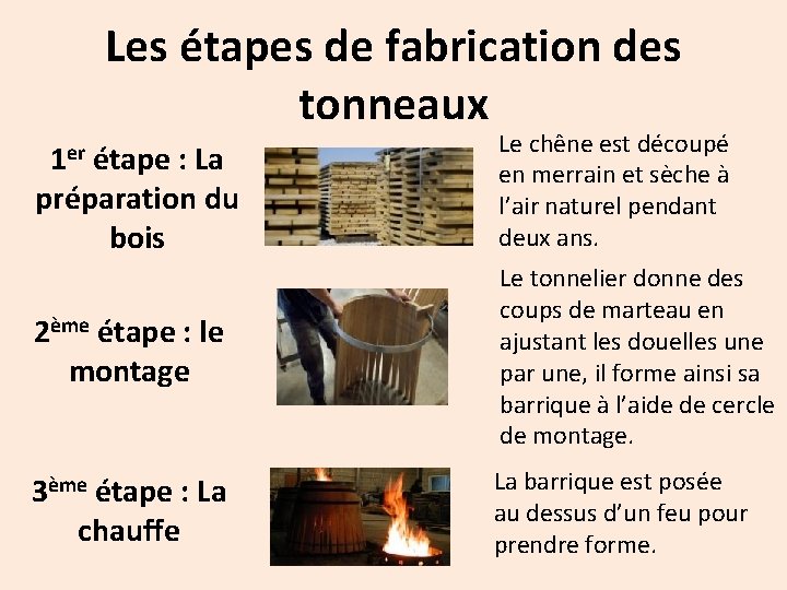 Les étapes de fabrication des tonneaux 1 er étape : La préparation du bois Les étapes de fabrication des tonneaux 1 er étape : La préparation du bois