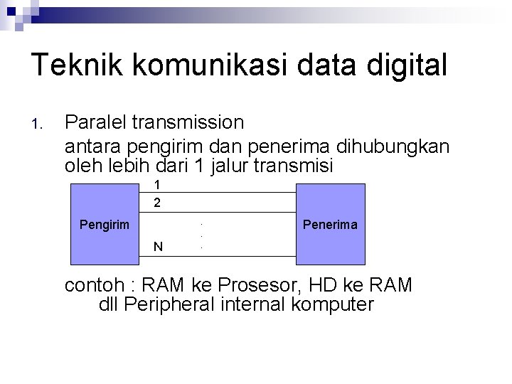 Teknik komunikasi data digital 1. Paralel transmission antara pengirim dan penerima dihubungkan oleh lebih