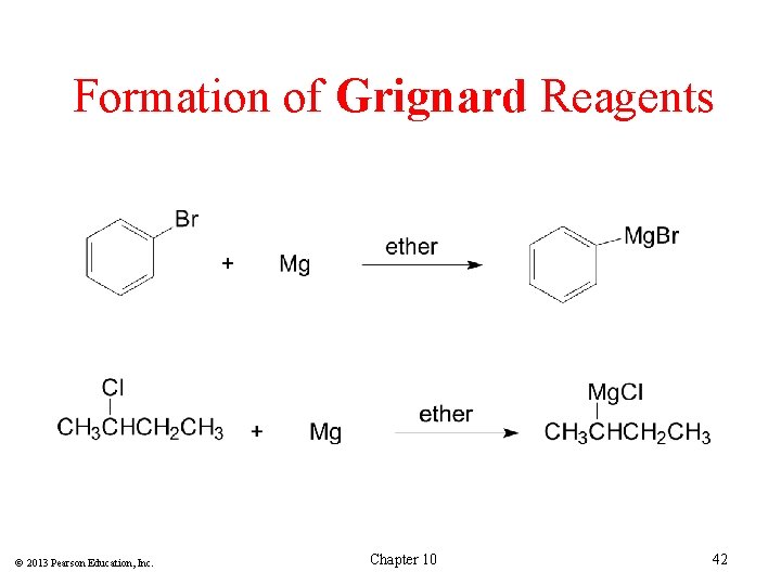 Formation of Grignard Reagents © 2013 Pearson Education, Inc. Chapter 10 42 