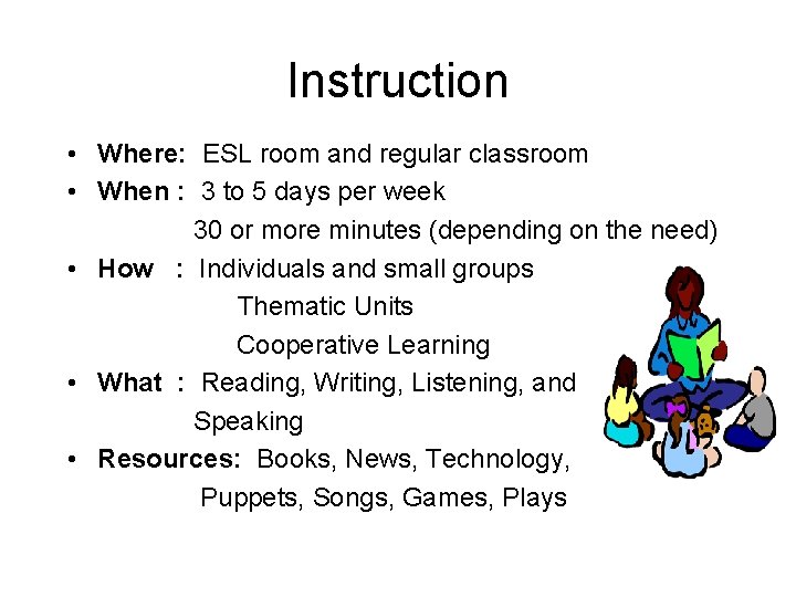 Instruction • Where: ESL room and regular classroom • When : 3 to 5