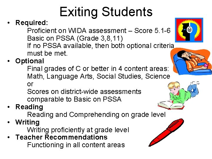 Exiting Students • Required: Proficient on WIDA assessment – Score 5. 1 -6 Basic