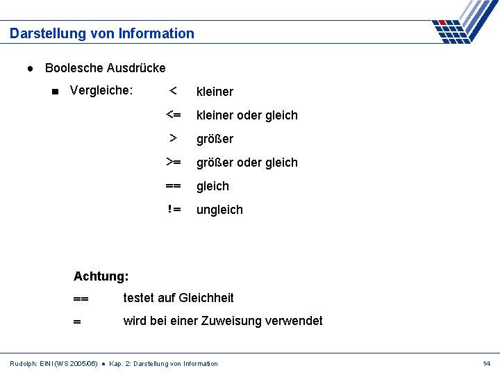 Darstellung von Information ● Boolesche Ausdrücke ■ Vergleiche: < <= > kleiner oder gleich