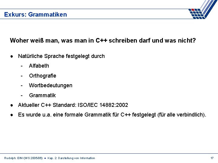 Exkurs: Grammatiken Woher weiß man, was man in C++ schreiben darf und was nicht?