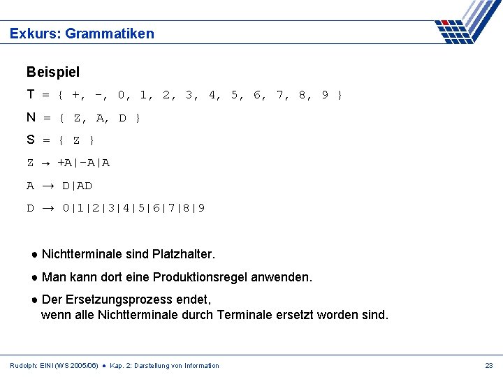 Exkurs: Grammatiken Beispiel T = { +, -, 0, 1, 2, 3, 4, 5,