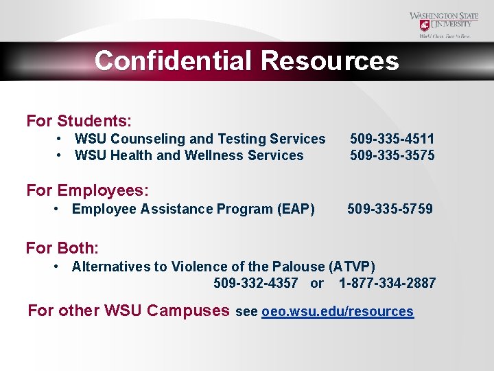 Confidential Resources For Students: • WSU Counseling and Testing Services • WSU Health and