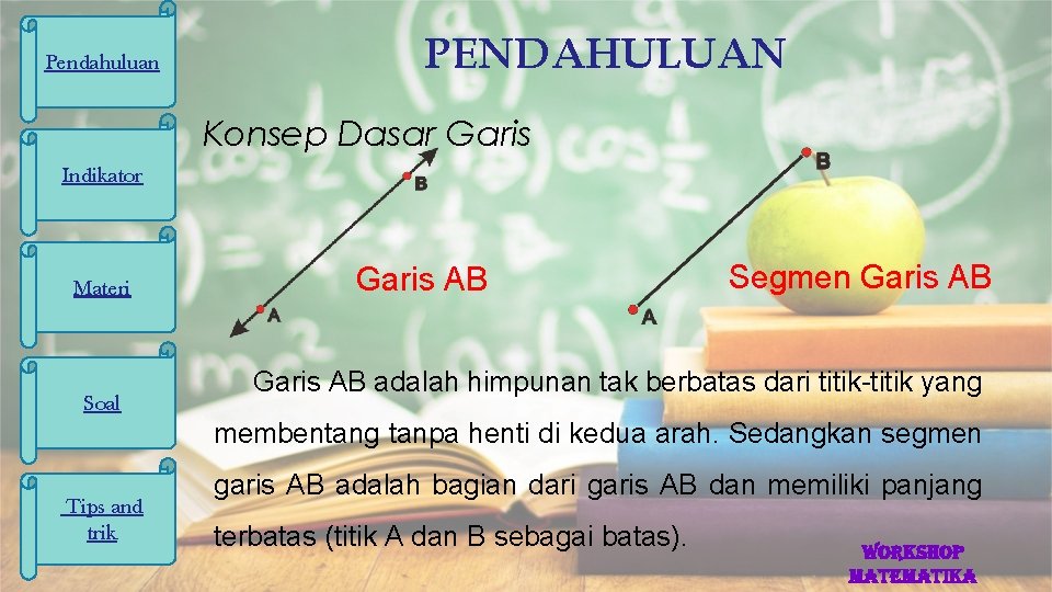 Pendahuluan PENDAHULUAN Konsep Dasar Garis Indikator Materi Soal Garis AB Segmen Garis AB adalah