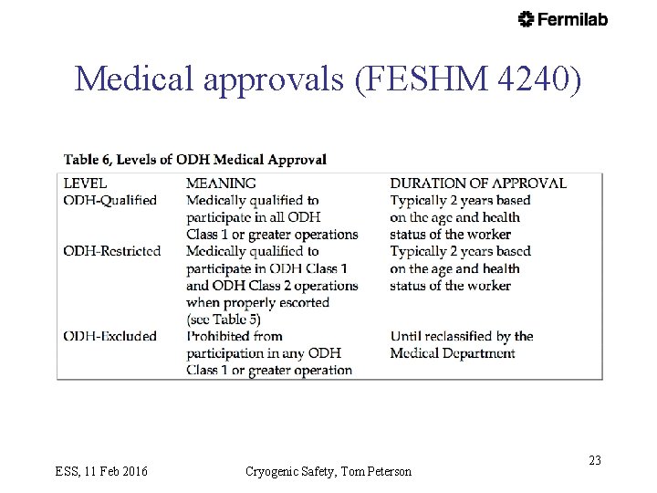 Medical approvals (FESHM 4240) ESS, 11 Feb 2016 Cryogenic Safety, Tom Peterson 23 