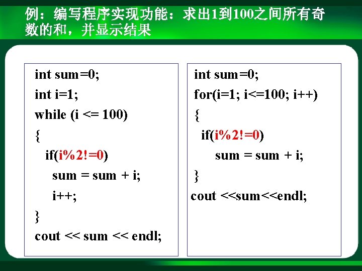 例：编写程序实现功能：求出 1到 100之间所有奇 数的和，并显示结果 int sum=0; int i=1; while (i <= 100) { if(i%2!=0)