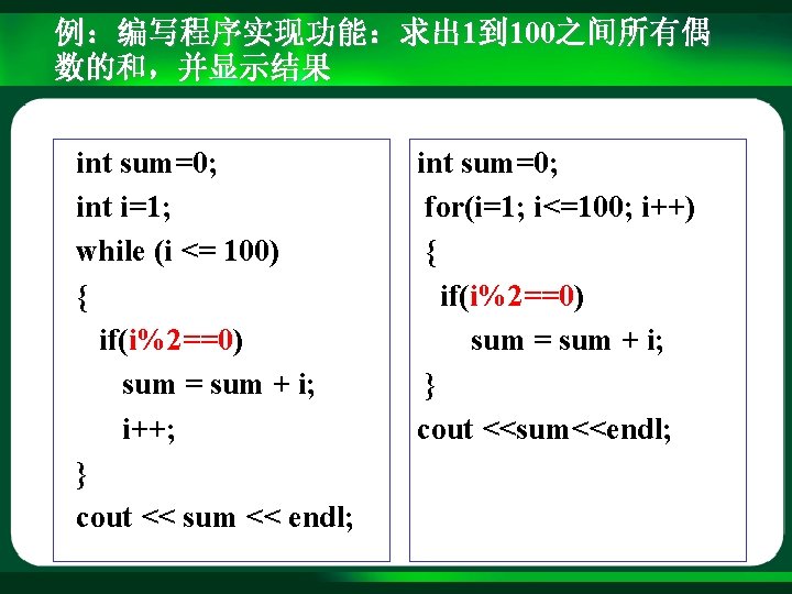 例：编写程序实现功能：求出 1到 100之间所有偶 数的和，并显示结果 int sum=0; int i=1; while (i <= 100) { if(i%2==0)