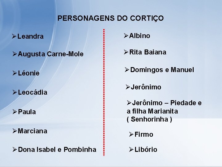 PERSONAGENS DO CORTIÇO ØLeandra ØAlbino ØAugusta Carne-Mole ØRita Baiana ØLéonie ØLeocádia ØPaula ØDomingos e