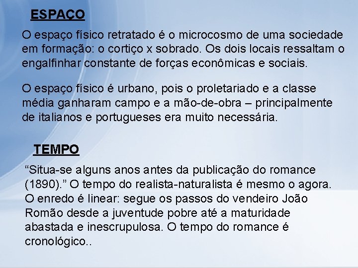 ESPAÇO O espaço físico retratado é o microcosmo de uma sociedade em formação: o