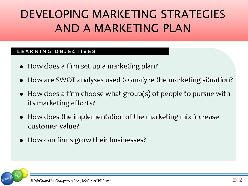 DEVELOPING MARKETING STRATEGIES AND A MARKETING PLAN LEARNING OBJECTIVES How does a firm set