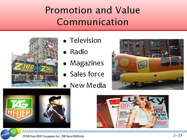 Promotion and Value Communication Television Radio Magazines Sales force New Media © Mc. Graw-Hill