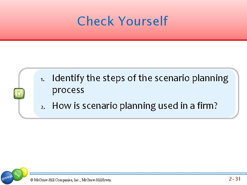 Check Yourself 1. 2. Identify the steps of the scenario planning process How is