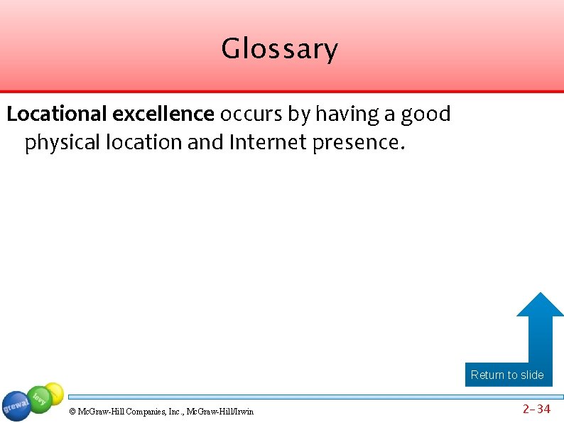 Glossary Locational excellence occurs by having a good physical location and Internet presence. Return