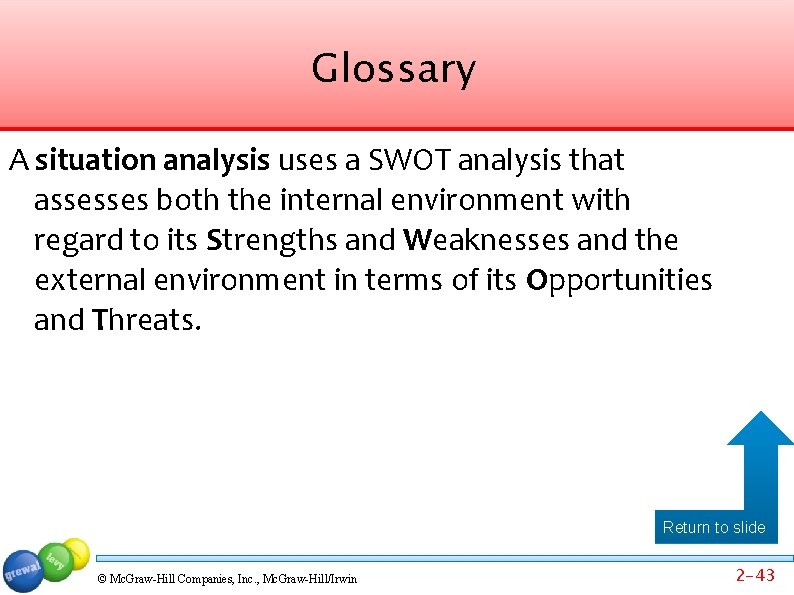 Glossary A situation analysis uses a SWOT analysis that assesses both the internal environment