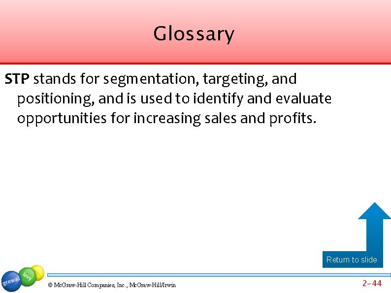 Glossary STP stands for segmentation, targeting, and positioning, and is used to identify and