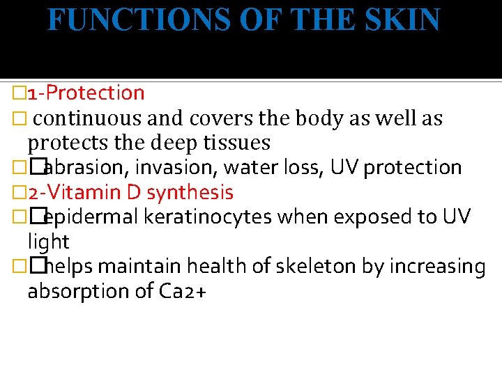 FUNCTIONS OF THE SKIN � 1 -Protection � continuous and covers the body as