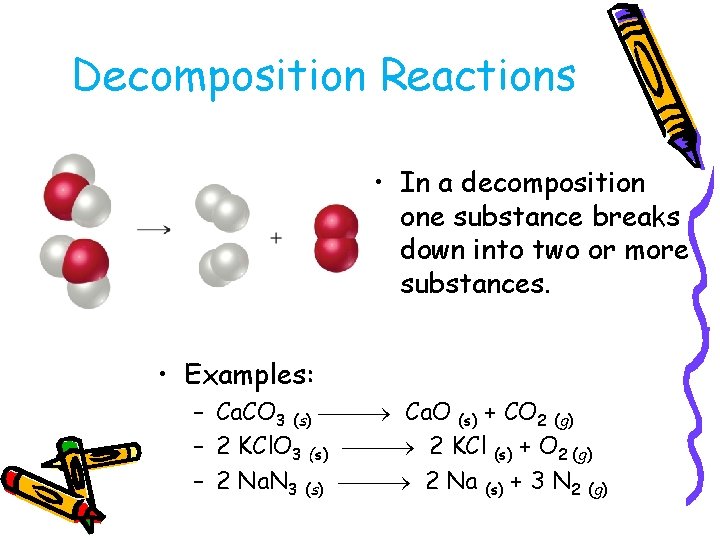 Decomposition Reactions • In a decomposition one substance breaks down into two or more