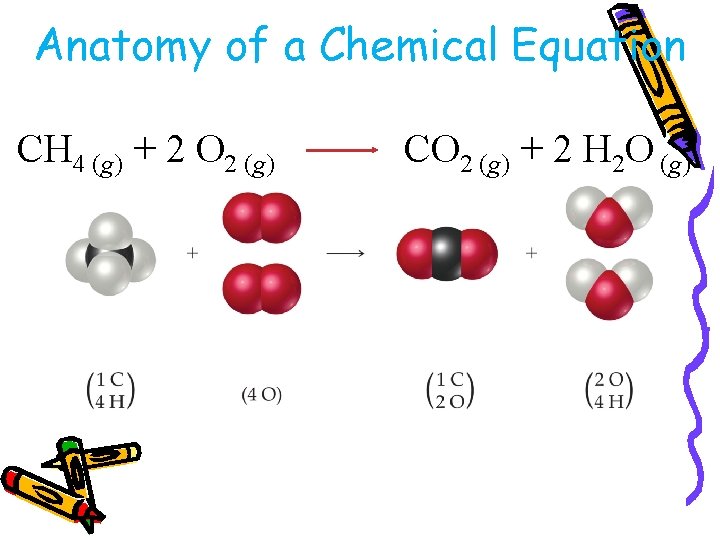 Anatomy of a Chemical Equation CH 4 (g) + 2 O 2 (g) CO