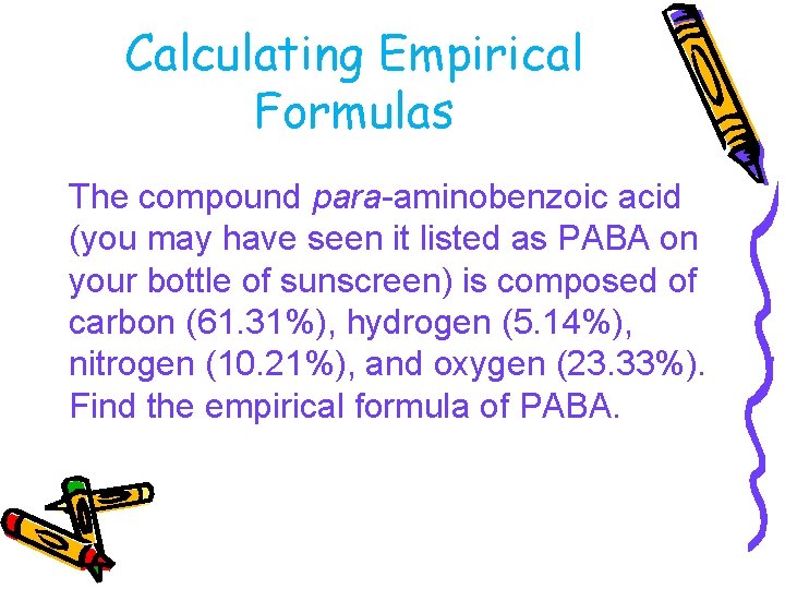 Calculating Empirical Formulas The compound para-aminobenzoic acid (you may have seen it listed as