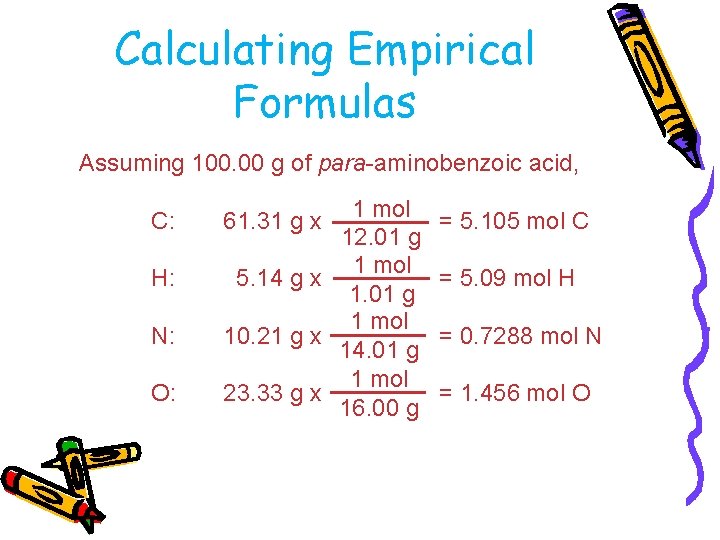 Calculating Empirical Formulas Assuming 100. 00 g of para-aminobenzoic acid, C: H: N: O: