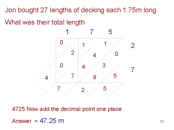 Jon bought 27 lengths of decking each 1. 75 m long What was their