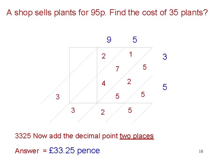 A shop sells plants for 95 p. Find the cost of 35 plants? 9