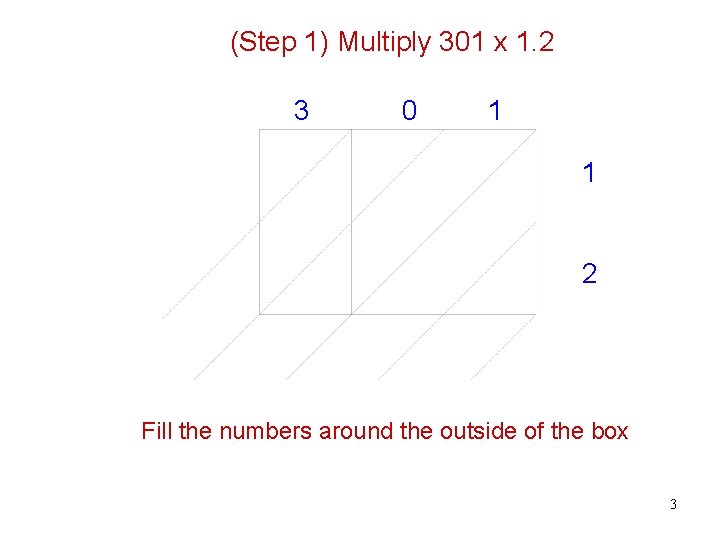 (Step 1) Multiply 301 x 1. 2 3 0 1 1 2 Fill the