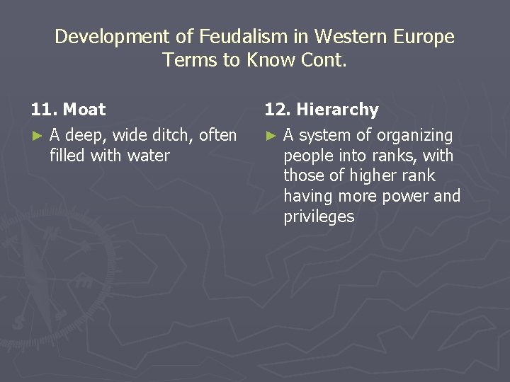 Development of Feudalism in Western Europe Terms to Know Cont. 11. Moat ► A Development of Feudalism in Western Europe Terms to Know Cont. 11. Moat ► A