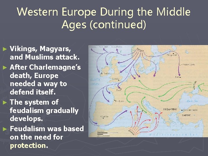 Western Europe During the Middle Ages (continued) Vikings, Magyars, and Muslims attack. ► After Western Europe During the Middle Ages (continued) Vikings, Magyars, and Muslims attack. ► After
