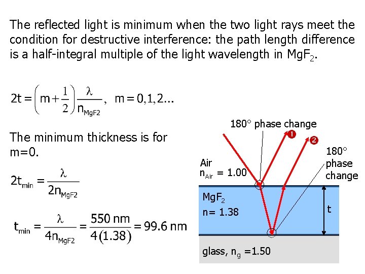 The reflected light is minimum when the two light rays meet the condition for