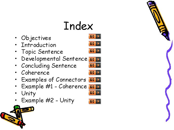 Index • • • Objectives Introduction Topic Sentence Developmental Sentence Concluding Sentence Coherence Examples