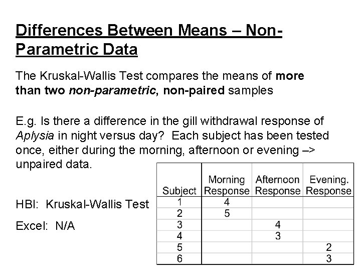 Differences Between Means – Non. Parametric Data The Kruskal-Wallis Test compares the means of Differences Between Means – Non. Parametric Data The Kruskal-Wallis Test compares the means of