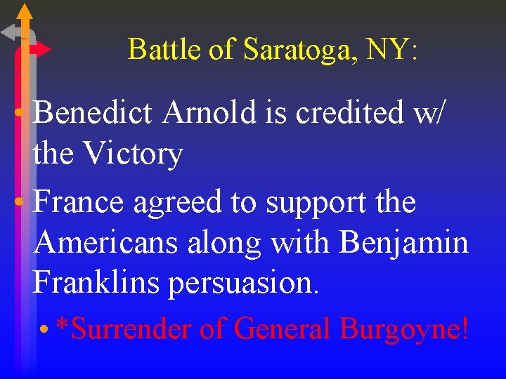 Battle of Saratoga, NY: • Benedict Arnold is credited w/ the Victory • France Battle of Saratoga, NY: • Benedict Arnold is credited w/ the Victory • France