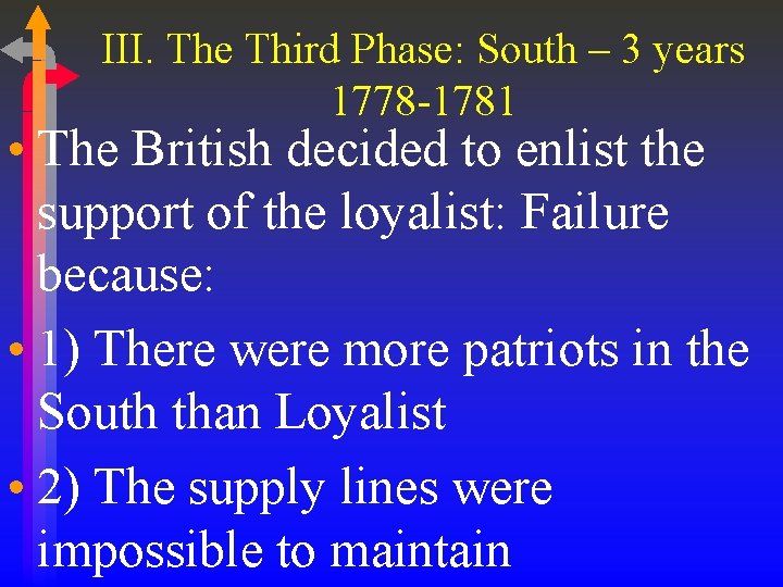 III. The Third Phase: South – 3 years 1778 -1781 • The British decided III. The Third Phase: South – 3 years 1778 -1781 • The British decided