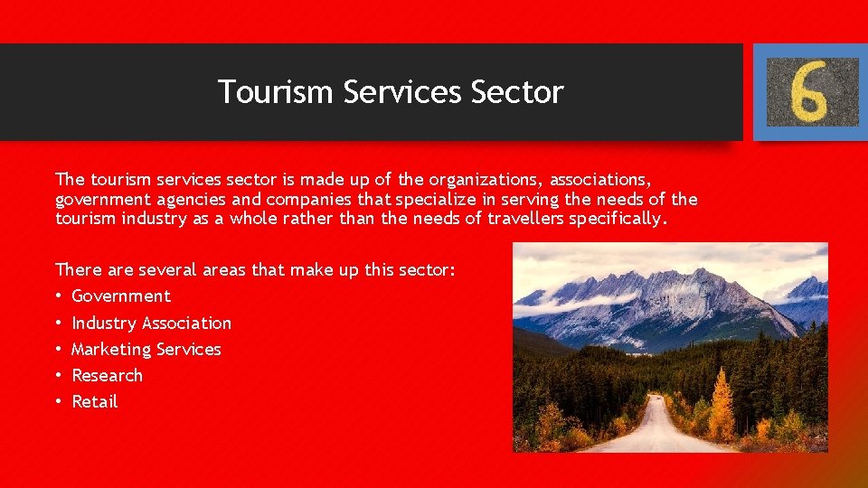 Tourism Services Sector The tourism services sector is made up of the organizations, associations,