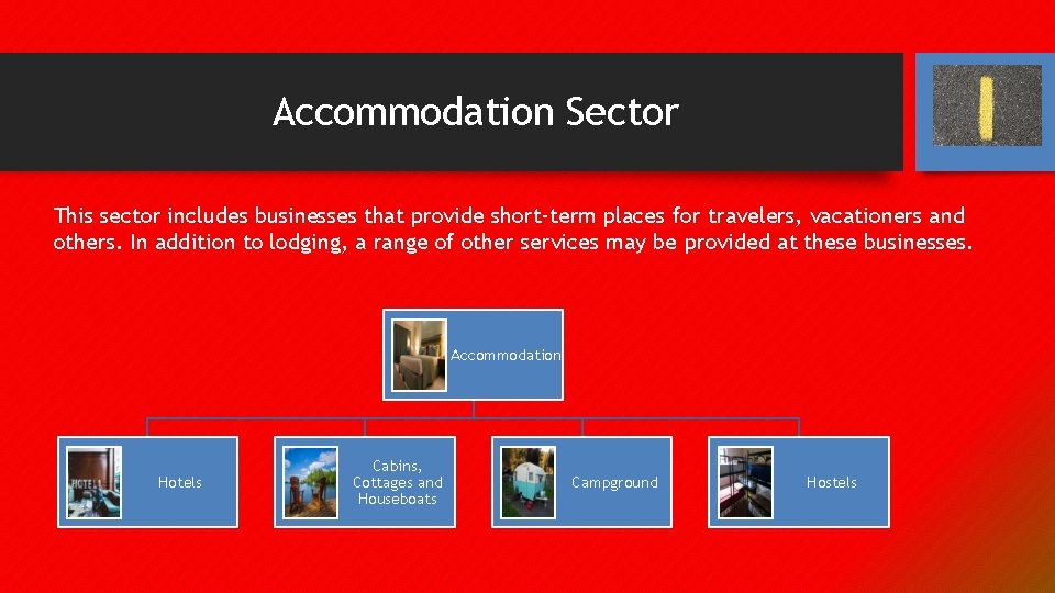 Accommodation Sector This sector includes businesses that provide short-term places for travelers, vacationers and