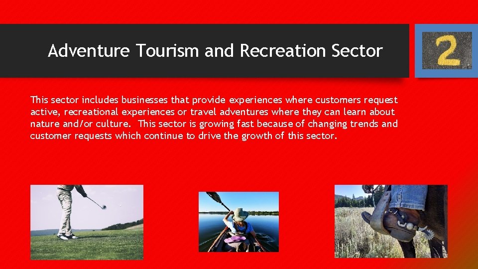 Adventure Tourism and Recreation Sector This sector includes businesses that provide experiences where customers