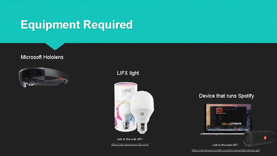 Equipment Required Microsoft Hololens LIFX light Device that runs Spotify Link to the web