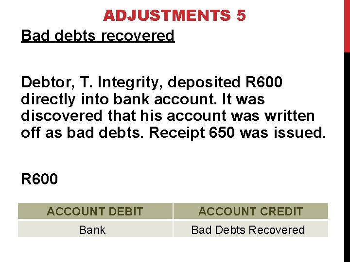 ADJUSTMENTS 5 Bad debts recovered Debtor, T. Integrity, deposited R 600 directly into bank