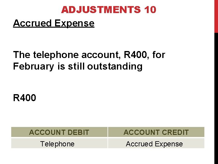 ADJUSTMENTS 10 Accrued Expense The telephone account, R 400, for February is still outstanding