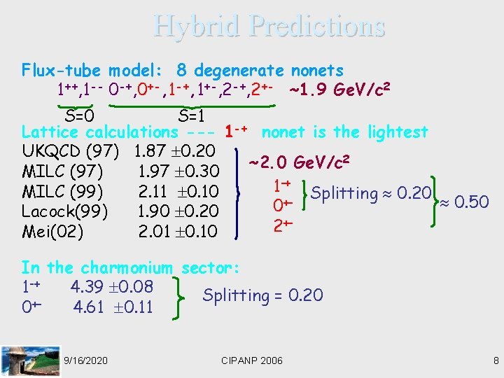 Hybrid Predictions Flux-tube model: 8 degenerate nonets 1++, 1 -- 0 -+, 0+-, 1