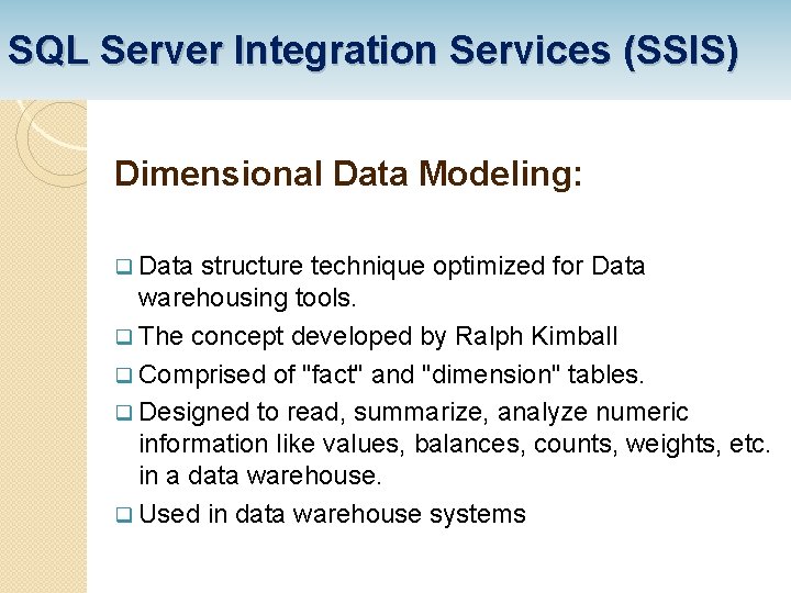 SQL Server Integration Services (SSIS) Dimensional Data Modeling: q Data structure technique optimized for