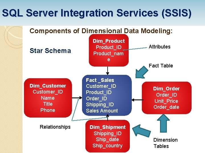 SQL Server Integration Services (SSIS) Components of Dimensional Data Modeling: Star Schema Dim_Product_ID Product_nam