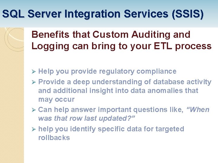 SQL Server Integration Services (SSIS) Benefits that Custom Auditing and Logging can bring to