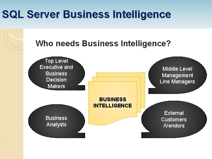 SQL Server Business Intelligence Who needs Business Intelligence? Top Level Executive and Business Decision