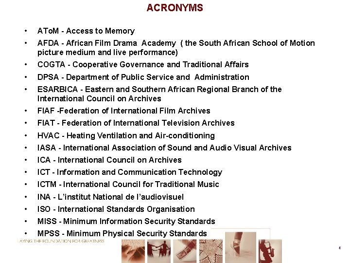ACRONYMS • ATo. M - Access to Memory • AFDA - African Film Drama