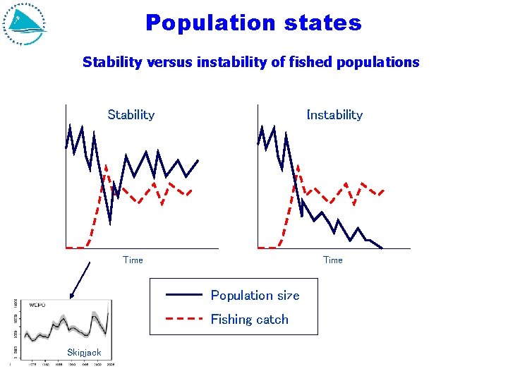 Population states Stability versus instability of fished populations Stability Instability Time Population size Fishing