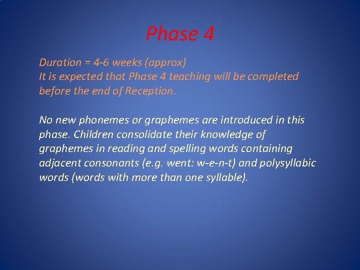 Phase 4 Duration = 4 -6 weeks (approx) It is expected that Phase 4